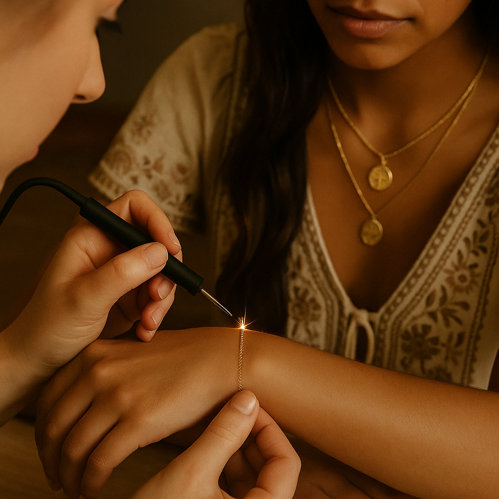 woman having a delicate gold bracelet welded onto her wrist by a jeweler, with the spark focused on the chain, in warm natural lighting and a soft boho boutique setting